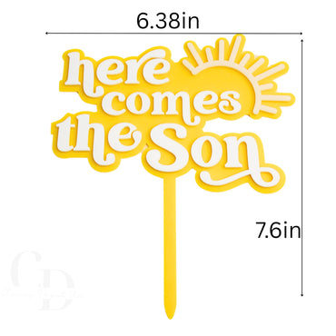 Here Comes the Son Cake Topper, Double Layered Acrylic, Yellow and White- 1 pack