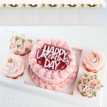 Bento Cake and Cupcake box with 4 cupcakes and a 6x6in slot for 1; 4-5in cake