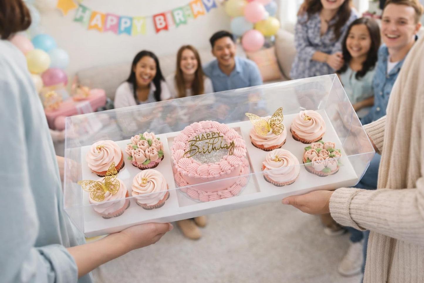 Chaney Depot LLC Bento Cake and Cupcake Box 8 Cupcakes, 1 6x6in slot for a 4-5in cake, Clear Long Box- 10 Pack
