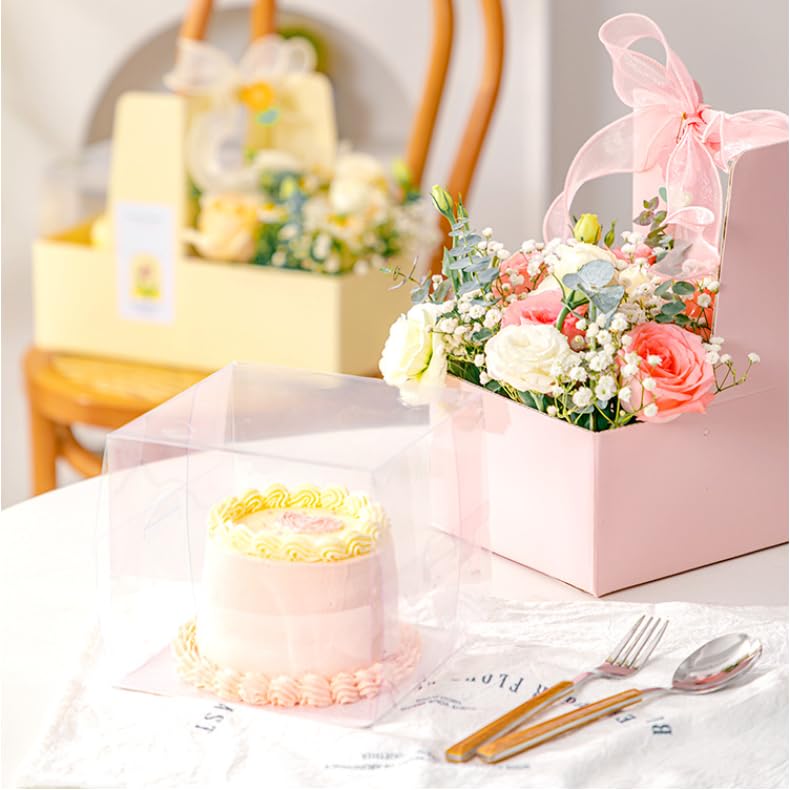 Chaney Depot LLC Premium Cake and Flowers Gift Box with Ribbon and Clear Box, Sturdy Quality- 10 Pack