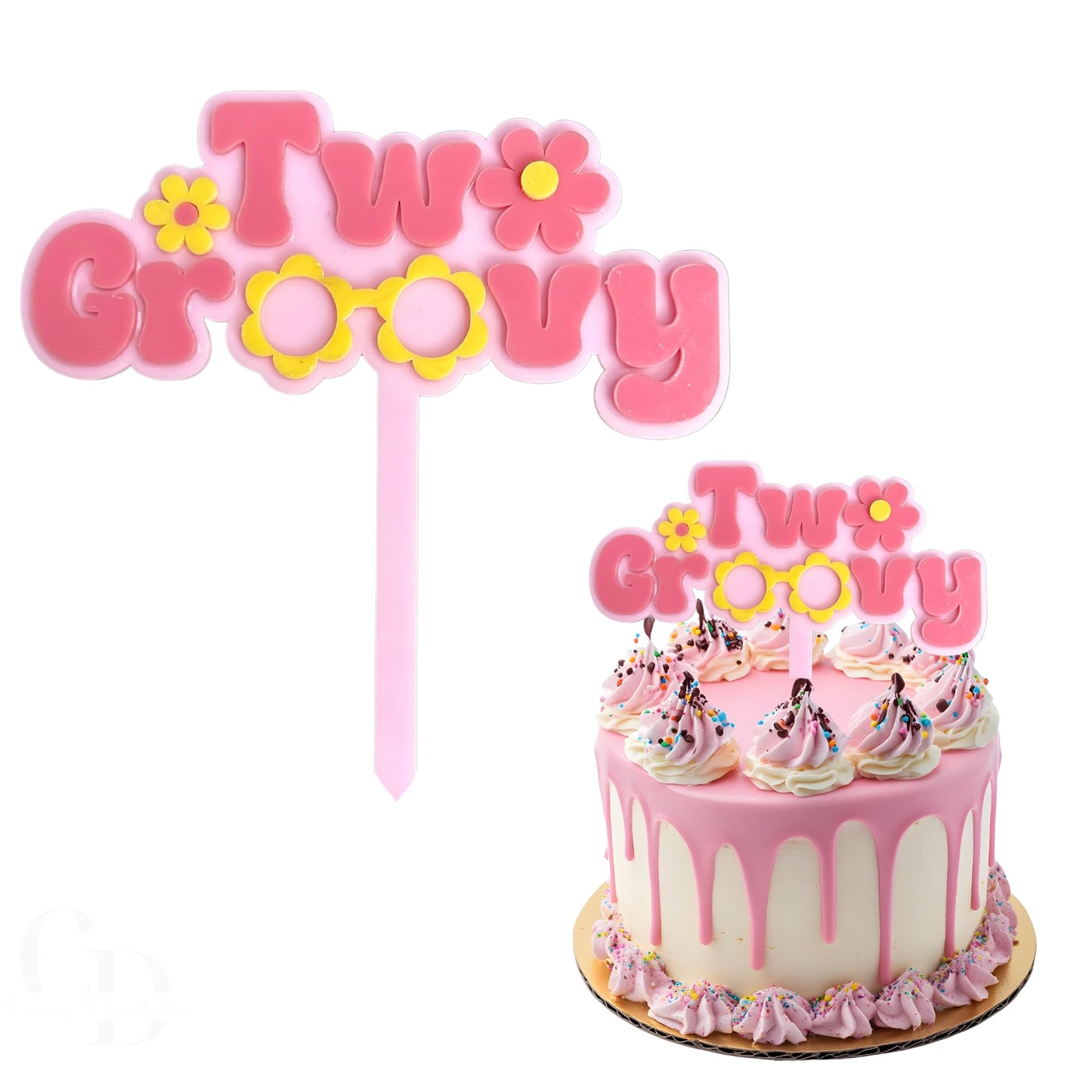 Two groovy Cake Topper, Pink with Yellow Flowers, Premium Double Layer Design, 5.5x6.25 Inches