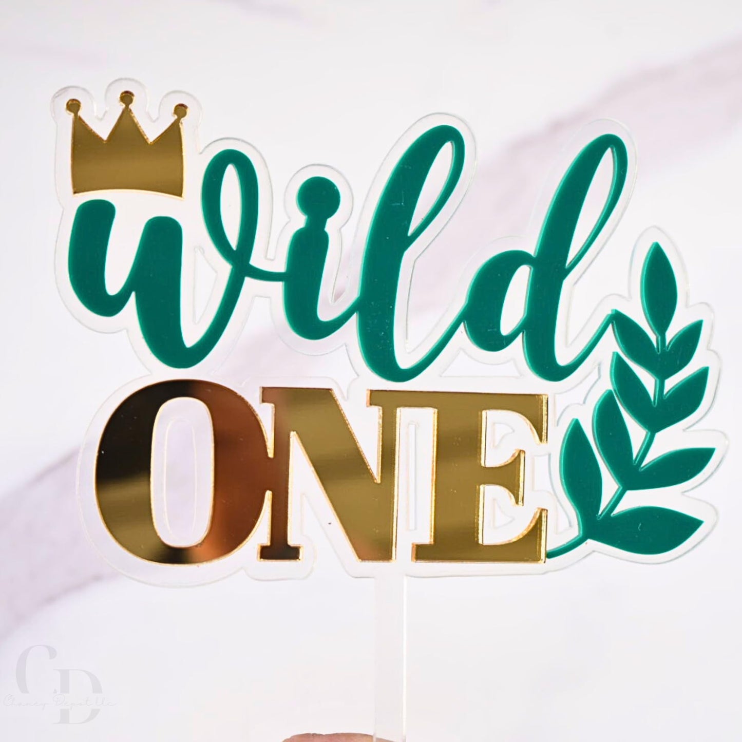 Wild One Acrylic Cake Topper, Double Layer Design Clear and Green with Gold Letters, 6.2 x 5.5 Inch