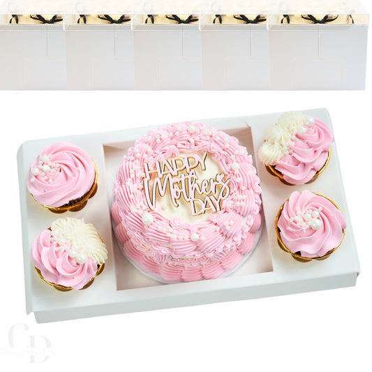 Bento Cake and Cupcake box with 4 cupcakes and a 6x6in slot for 1; 4-5in cake