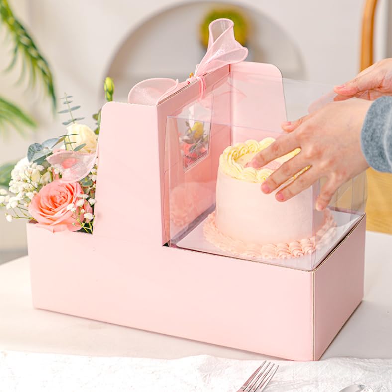 Chaney Depot LLC Premium Cake and Flowers Gift Box with Ribbon and Clear Box, Sturdy Quality- 10 Pack