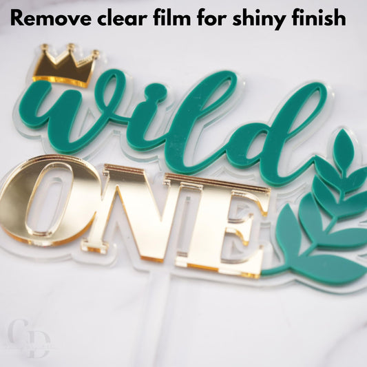 Wild One Acrylic Cake Topper, Double Layer Design Clear and Green with Gold Letters, 6.2 x 5.5 Inch
