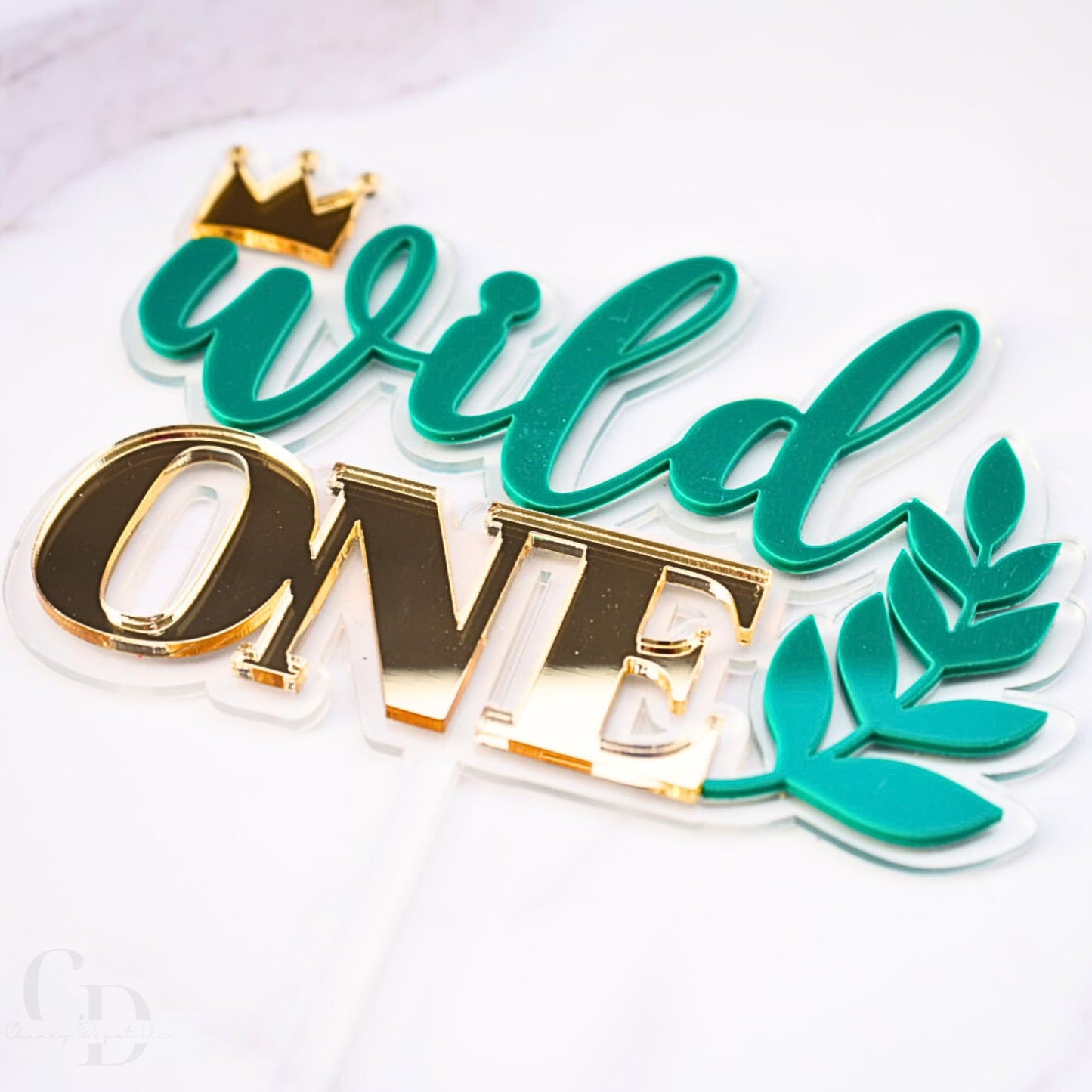 Wild One Acrylic Cake Topper, Double Layer Design Clear and Green with Gold Letters, 6.2 x 5.5 Inch