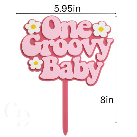 One Groovy Baby Cake Topper, Pink Acrylic, Double Layered- 1 pack