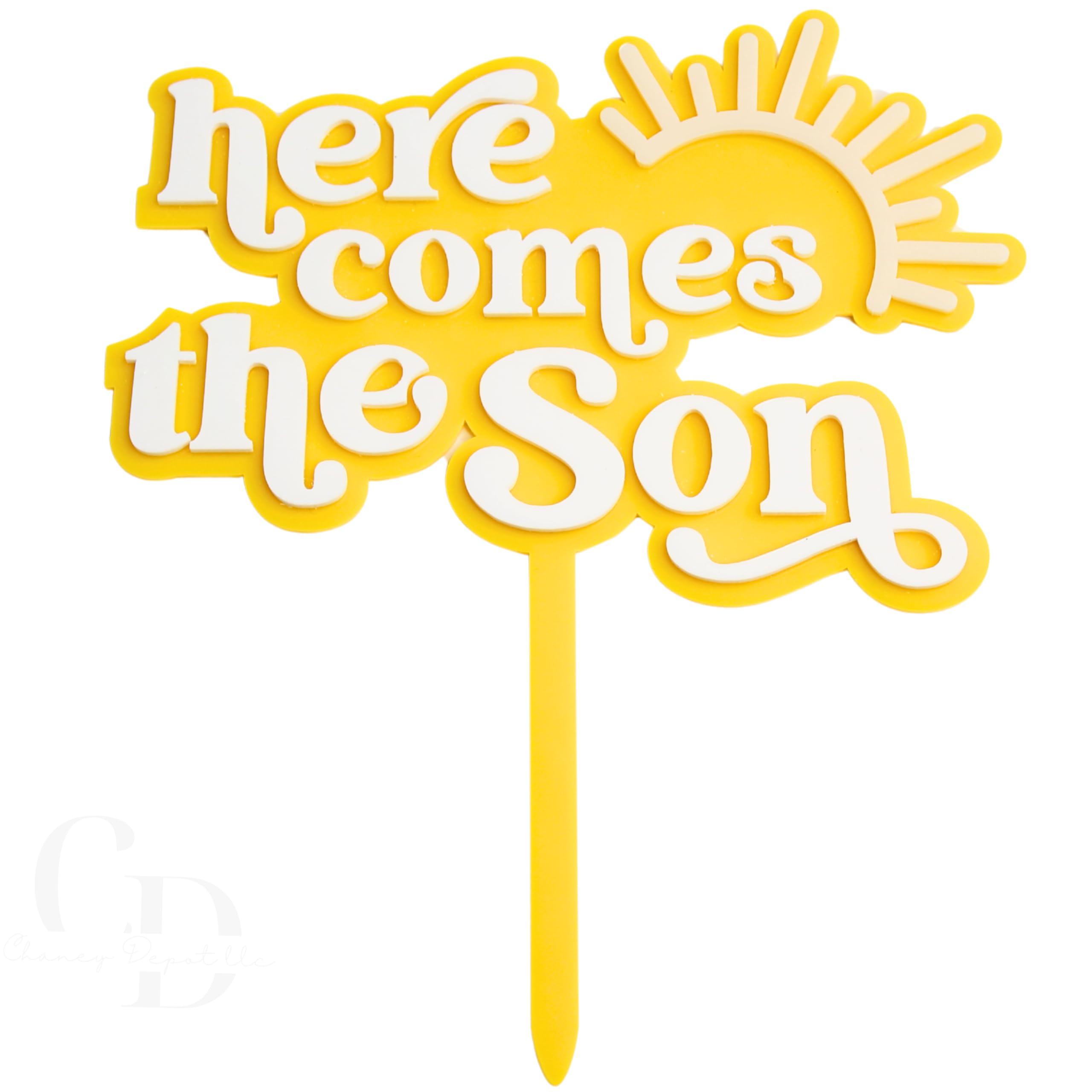 Here Comes the Son Cake Topper, Double Layered Acrylic, Yellow and White- 1 pack