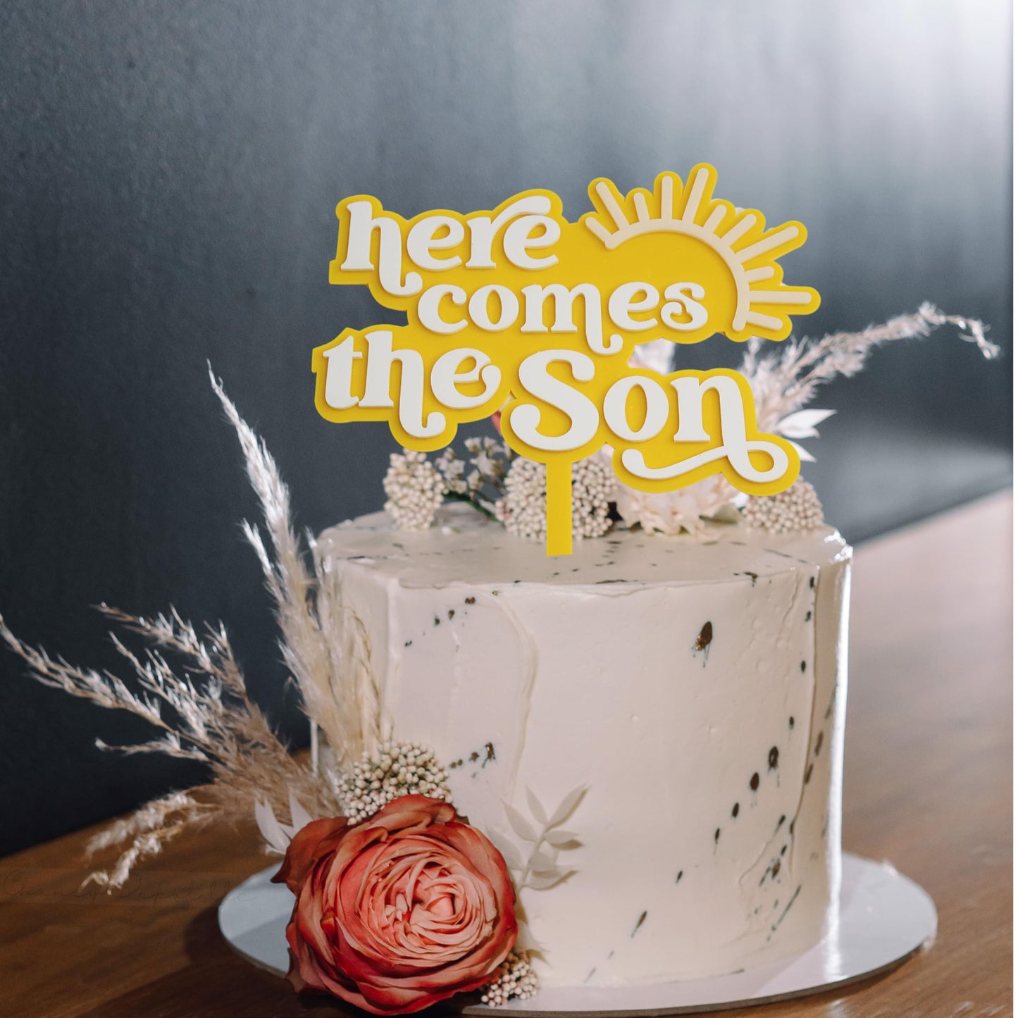 Here Comes the Son Cake Topper, Double Layered Acrylic, Yellow and White- 1 pack