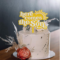 Here Comes the Son Cake Topper, Double Layered Acrylic, Yellow and White- 1 pack
