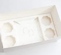 Bento Cake and Cupcake box with 4 cupcakes and a 6x6in slot for 1; 4-5in cake