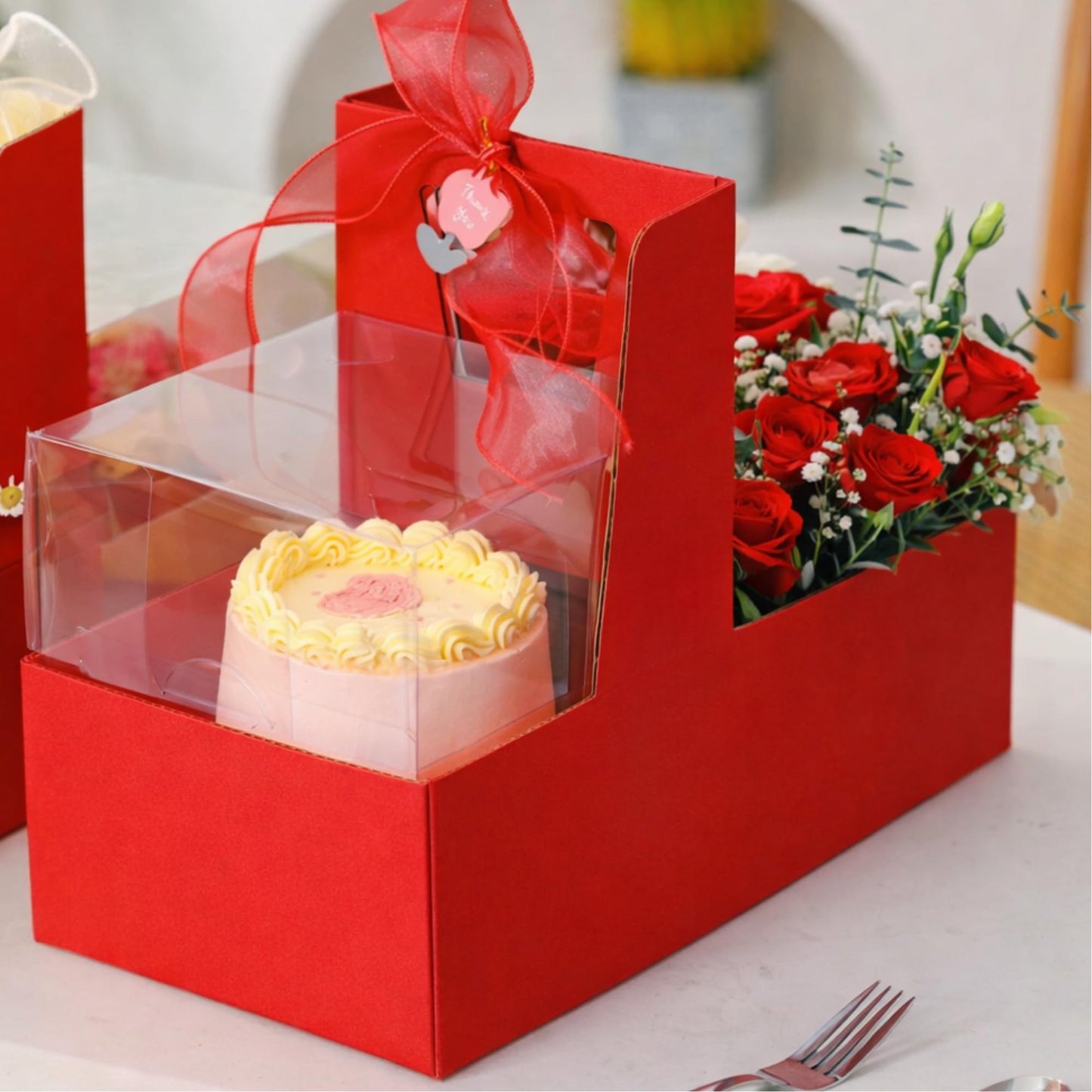 Chaney Depot LLC Premium Cake and Flowers Gift Box with Ribbon and Clear Box, Sturdy Quality- 10 Pack