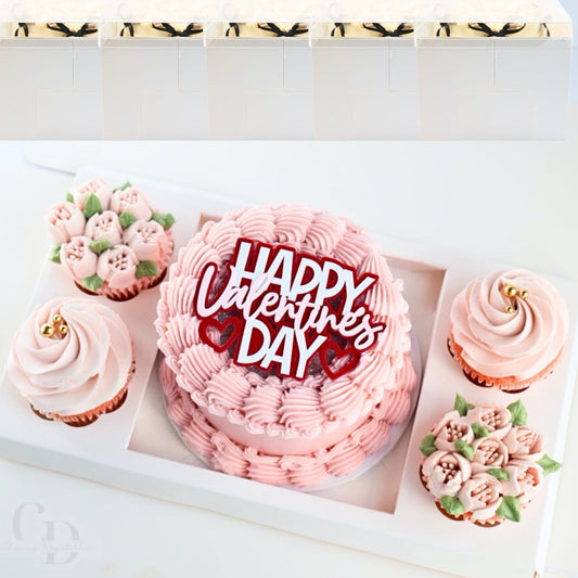 Bento Cake and Cupcake box with 4 cupcakes and a 6x6in slot for 1; 4-5in cake