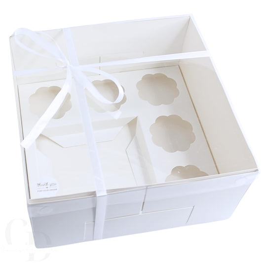Bento Cupcake and cake box, 5 cupcake cavity space and 1 4-5in cake slot, white box with clear lid