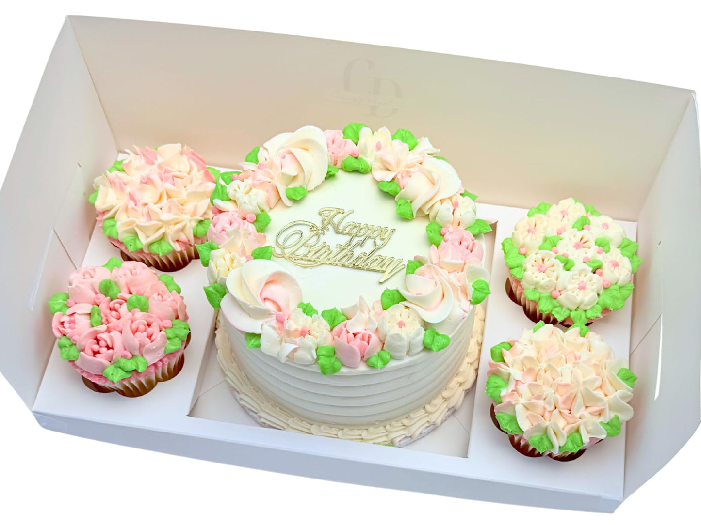 Bento Cake and Cupcake box with 4 cupcakes and a 6x6in slot for 1; 4-5in cake