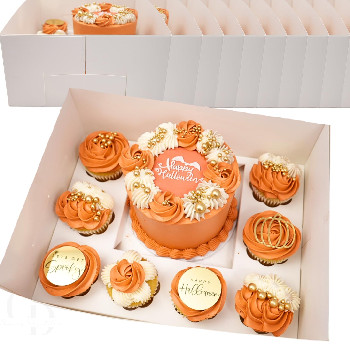 Chaney Depot LLC Cake and cupcake bento box with 8 cavities for cupcakes and 1 6in cavity