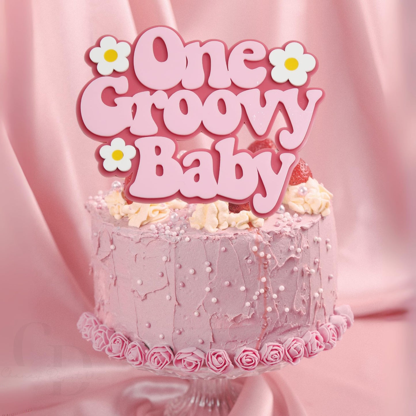One Groovy Baby Cake Topper, Pink Acrylic, Double Layered- 1 pack