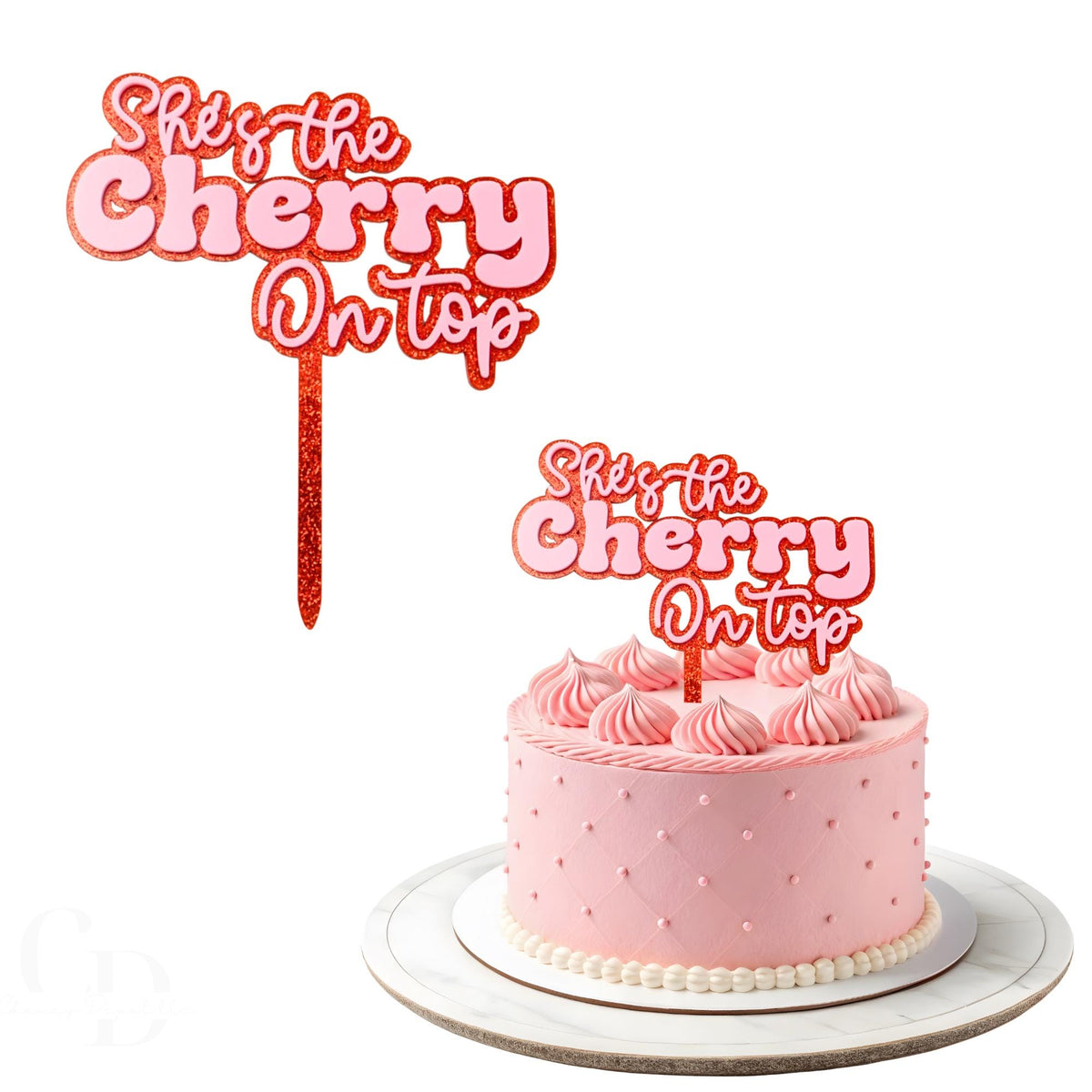 She's the Cherry on Top Acrylic Cake Topper, Double Layered Red Pink